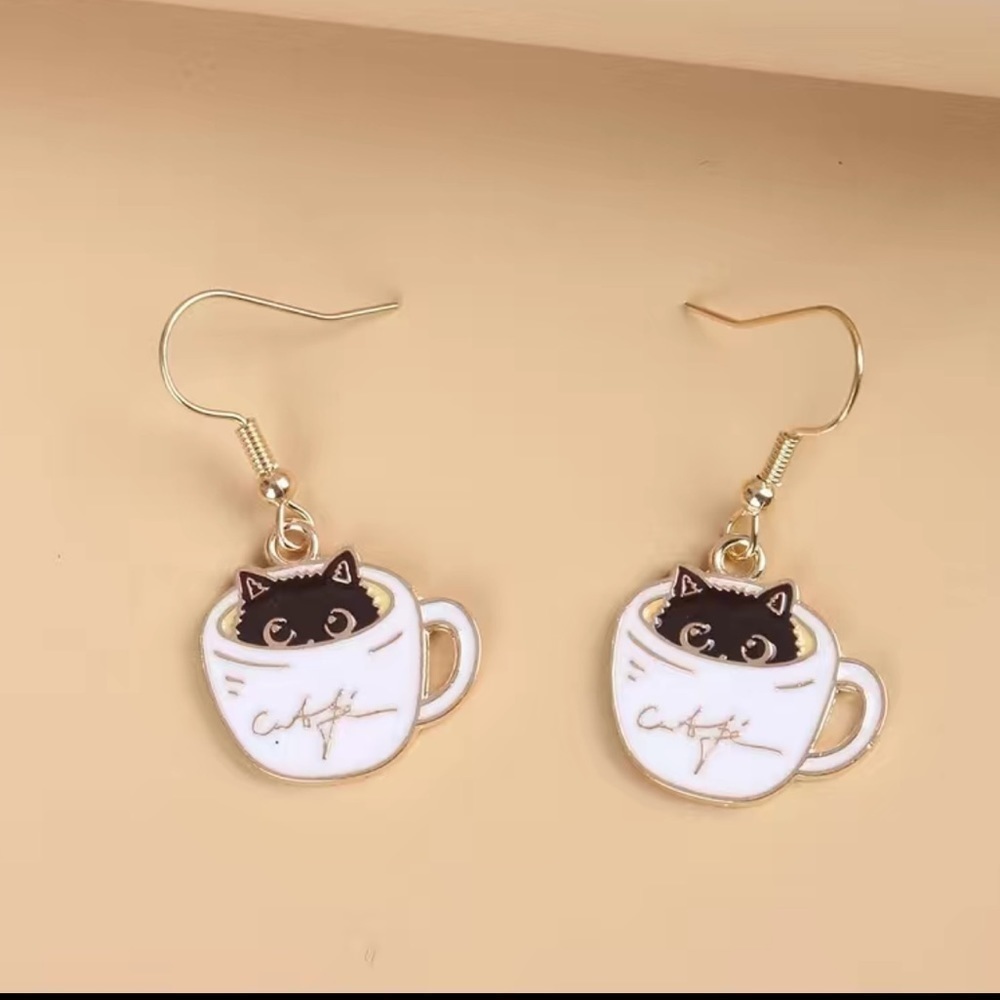 Teacup black cat dangle earrings